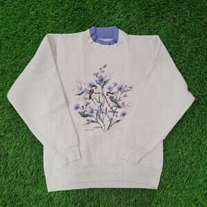 Vintage Flower Bird Sweatshirt Womens Medium 18x23 Gray